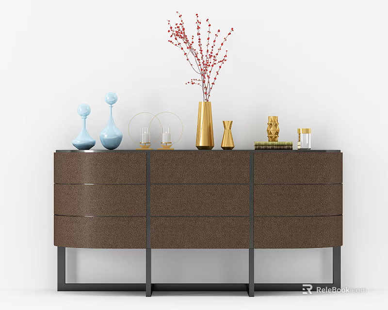 Brown Entryway Sideboard Cabinet with Black Frame Drawers Blue Vases Gold Decor and Red Branches 3d model 