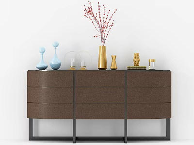 Brown Entryway Sideboard Cabinet with Black Frame Drawers Blue Vases Gold Decor and Red Branches 3d model
