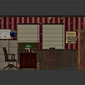 Vintage Office Interior With Striped Wallpaper Window Blinds Bookshelf Desk Refrigerator And Bulletin Board