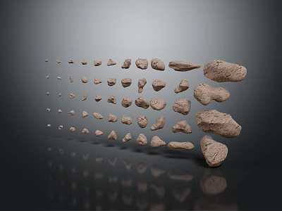 Wooden Stone Pieces with Various Shapes Sizes Floating Effect on Dark Background Reflections 3d model
