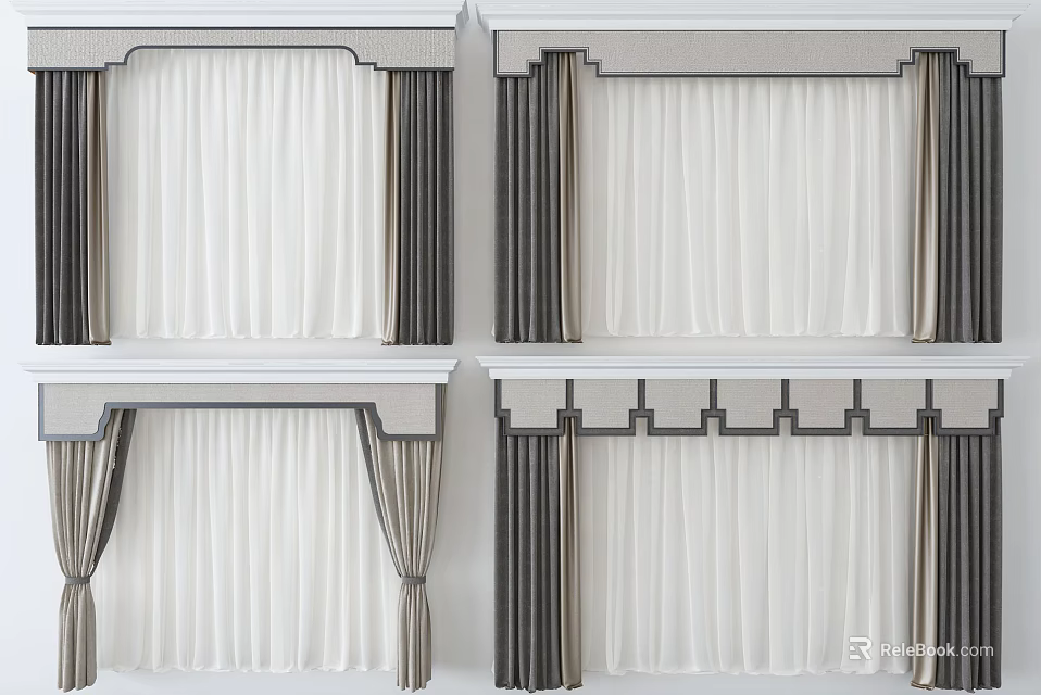 Elegant White Curtains With Dark Borders And Top Decorations For Home Interior 3d model
