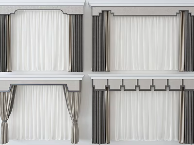 Elegant White Curtains With Dark Borders And Top Decorations For Home Interior 3d model