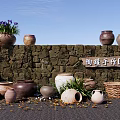 Rustic Stone Wall Displaying Handmade Ceramic Pots And Green Plants For DIY Crafts 3d model