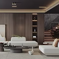 Modern Elegant Living Room Interior With White Sofa Wooden Wall Artwork Coffee Table And Staircase