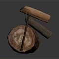 Natural Tree Stump With Axe And Wooden Logs In Rustic Setting