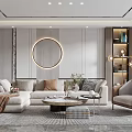 Modern Living Room Interior With L-Shaped Sofa Circular Wall Decor Coffee Table And Accent Chair