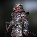 Red Faced Demon Character In Ornate Samurai Armor With Horned Helmet And Metallic Details