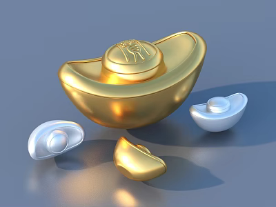 Gold Ingot Shaped Jewelry With Lid And Three Small Silver Gold Accent Pieces 3d model