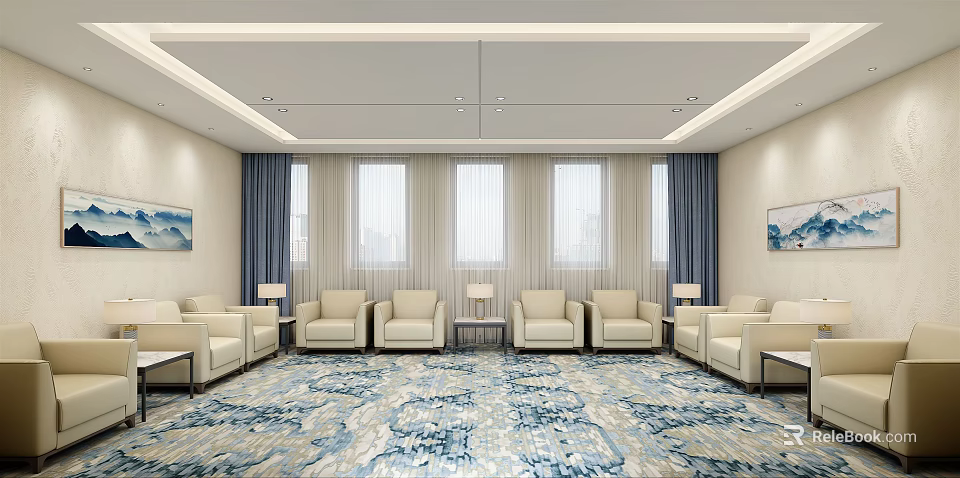Hotel Public Lounge With Beige Sofas Blue White Patterned Carpet And Large Windows 3d model