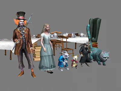 Alice And Mad Hatter With Cheshire Cat March Hare At Tea Table With Teacups 3d model
