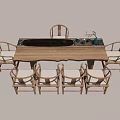 Modern Wooden Tea Table and Chairs with Upholstered Seats and Decorative Items