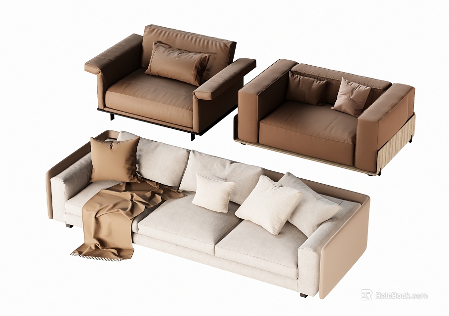 Modern Sectional Sofa Living Room Design With Beige Upholstery Decorative Pillows And Throw Blanket 3d model 