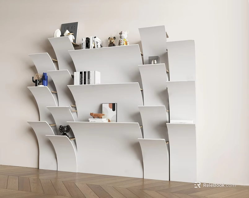 Modern White Display Shelves with Curved Layered Design Showcasing Decor Items and Books 3d model 