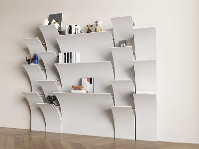 Modern White Display Shelves with Curved Layered Design Showcasing Decor Items and Books 3d model