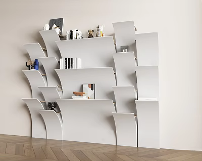 Modern White Display Shelves with Curved Layered Design Showcasing Decor Items and Books 3d model