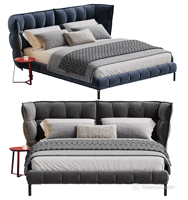 Plush Upholstered Double Bed With Gray Blue Bedding Pillows And Side Table 3d model 