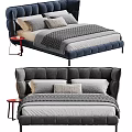 Plush Upholstered Double Bed With Gray Blue Bedding Pillows And Side Table