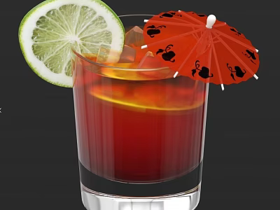 Refreshing Red Cocktail With Ice Cubes Lime Slice And Red Umbrella With Black Patterns 3d model