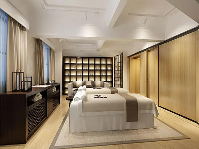 Serene SPA Sauna Interior With Massage Bed Wooden Shelving And Curtains 3d model