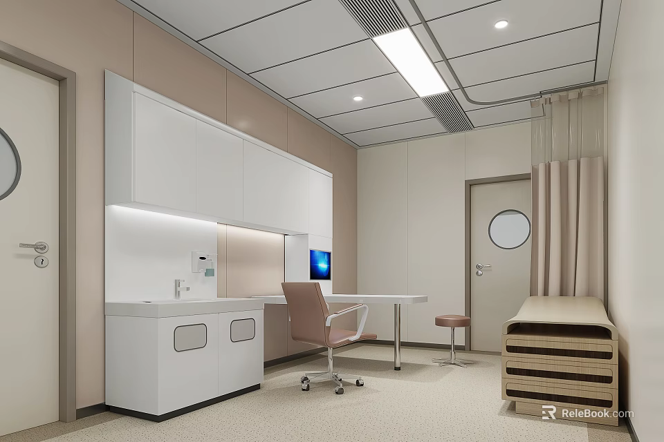 Hospital Outpatient Clinic Interior With White Cabinets Desk Chair And Bed 3d model 
