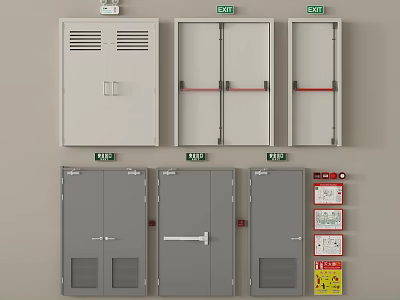 Electrical Control Panels White And Gray Metal Enclosures With EXIT Signs Red Handles Warning Labels 3d model