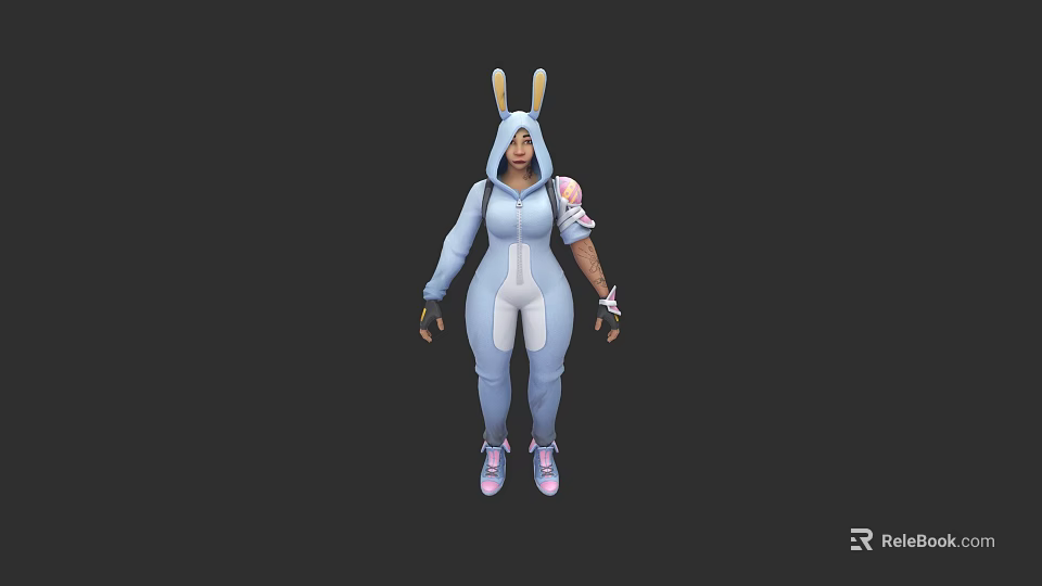 Game Movie Character With Rabbit Ears Hoodie Light Blue Jumpsuit Arm Guards And Pink Shoes 3d model 