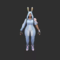 Game Movie Character With Rabbit Ears Hoodie Light Blue Jumpsuit Arm Guards And Pink Shoes