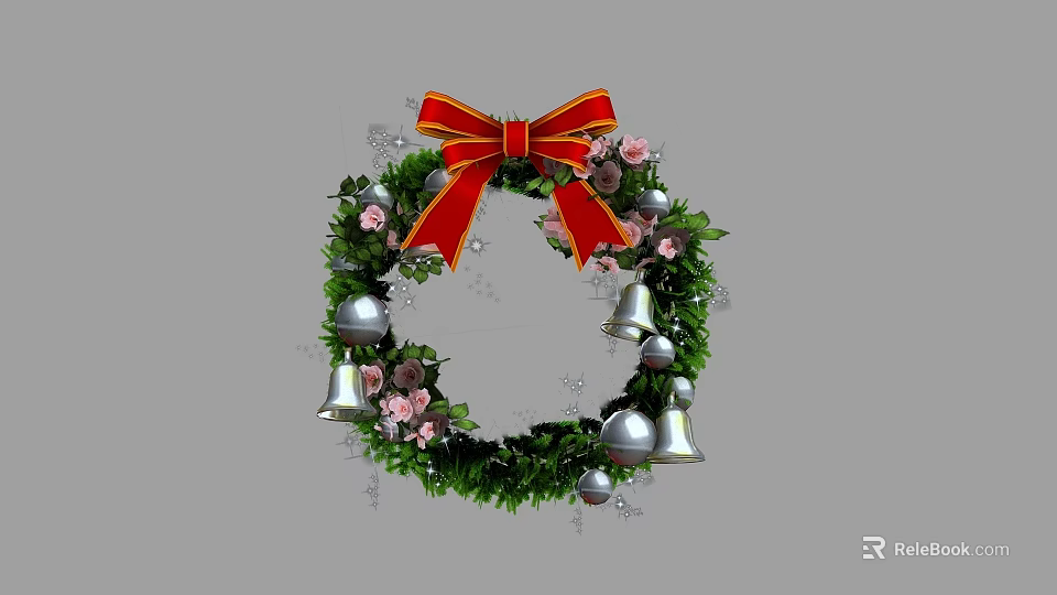 Christmas Wreath With Green Foliage Red Bow Pink Flowers Silver Bells And Balls 3d model 