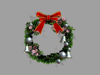 Christmas Wreath With Green Foliage Red Bow Pink Flowers Silver Bells And Balls 3d model
