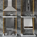 Modern Kitchen Appliances Display With Range Hoods Stovetops And Marble Background