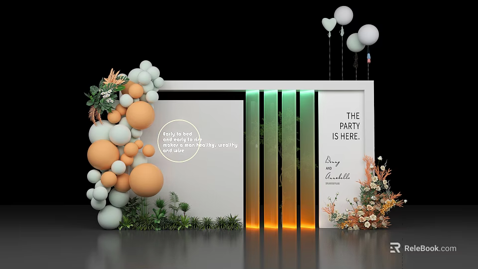 Floral Art Display With Colorful Balloons Green Plants And Gradient Backdrop Decor 3d model 