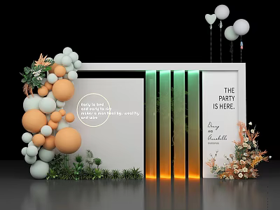 Floral Art Display With Colorful Balloons Green Plants And Gradient Backdrop Decor 3d model