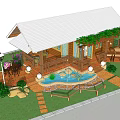 Wooden Cottage Exterior Featuring Sloped Roof Veranda Steps Railing Green Plants And Flowers
