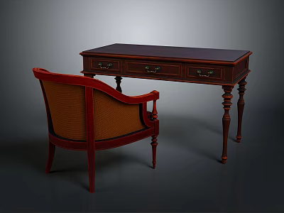 Classic Wooden Desk With Drawer Storage And Woven Accent Chair 3d model