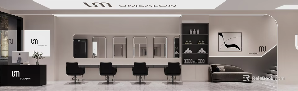 UMSalon Modern Interior Design With Mirrors Black Chairs And Shelves Bottles And Towels 3d model 