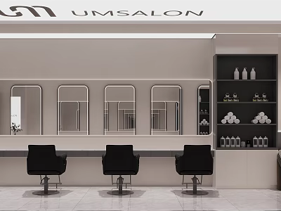 UMSalon Modern Interior Design With Mirrors Black Chairs And Shelves Bottles And Towels 3d model