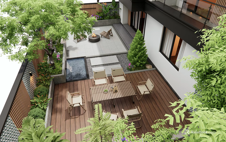Courtyard Garden With Wooden Deck Dining Table Chairs Lush Greenery Water Feature And Fire Pit 3d model 