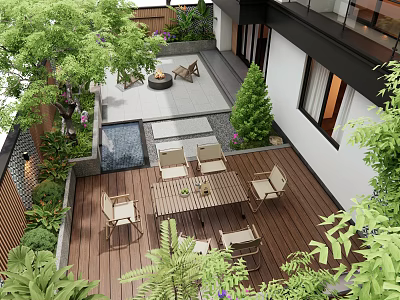 Courtyard Garden With Wooden Deck Dining Table Chairs Lush Greenery Water Feature And Fire Pit 3d model