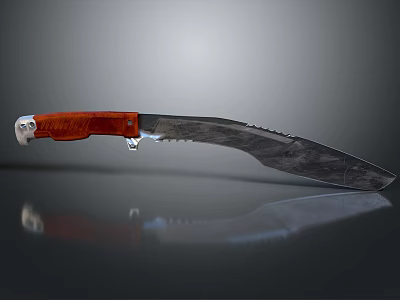 Tactical Knife With Red Wooden Handle Silver Metal Decoration Patterned Blade And Serrated Edge 3d model