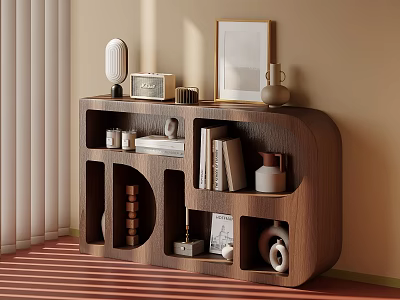 Modern Wooden Entryway Side Cabinet With Books Framed Art and Decorative Items 3d model