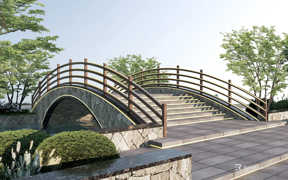 Stone Arch Landscape Bridge Featuring Wooden Railings Steps Stone Pavement And Green Trees 3d model 