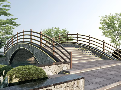 Stone Arch Landscape Bridge Featuring Wooden Railings Steps Stone Pavement And Green Trees 3d model