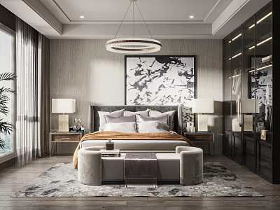 Elegant Modern Bedroom Interior With Tufted Headboard Chandelier Abstract Art And Patterned Rug 3d model