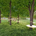 Outdoor Playground Equipment With Tree Stump Seats In Green Grass Area