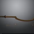 Golden Scimitar with Red and Gold Decorative Hilt on Smooth Surface with Reflection