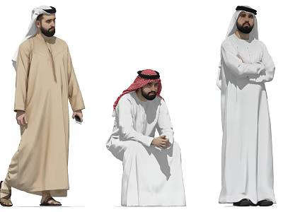 Three Middle Eastern Men in Traditional Robes Standing Squatting and Arms Crossed 3d model