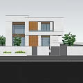 Modern Detached Villa White Exterior With Wooden Accents Large Windows And Front Landscaping