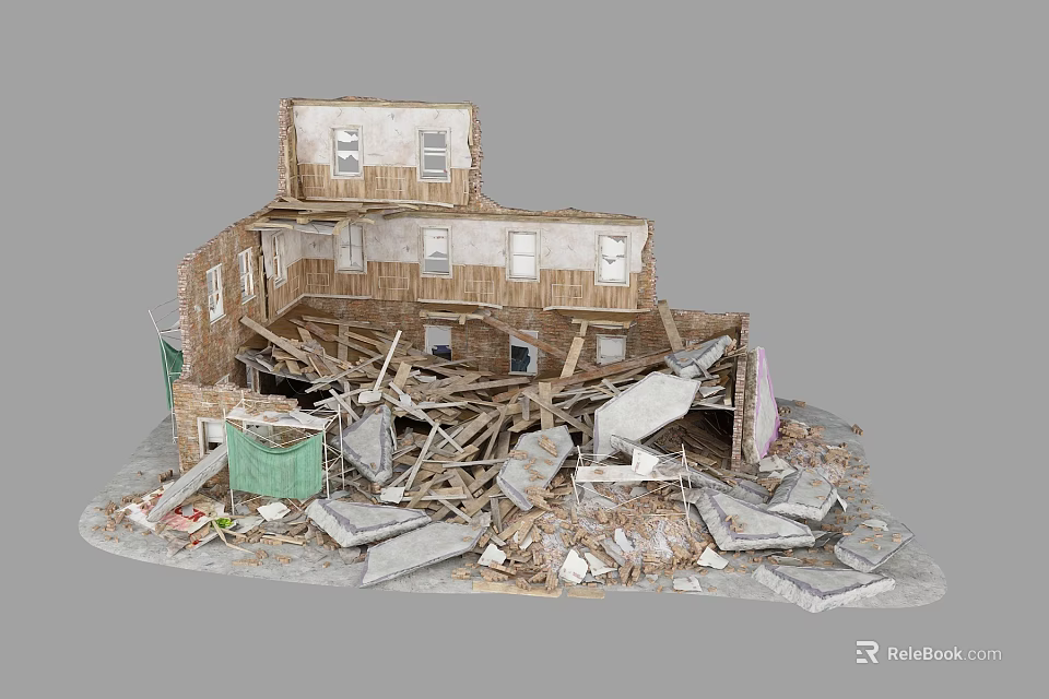 Detailed Collapsed Building Model With Broken Walls Scattered Debris And Ruined Structure 3d model 
