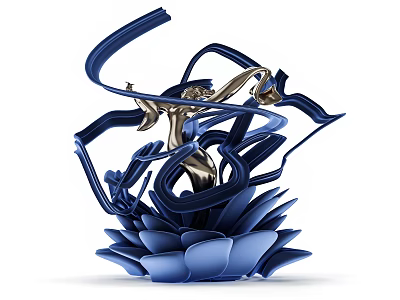 Modern Art Installation with Flowing Blue Ribbons and Golden Figure on Blue Lotus Inspired Base 3d model