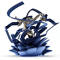 Modern Art Installation with Flowing Blue Ribbons and Golden Figure on Blue Lotus Inspired Base